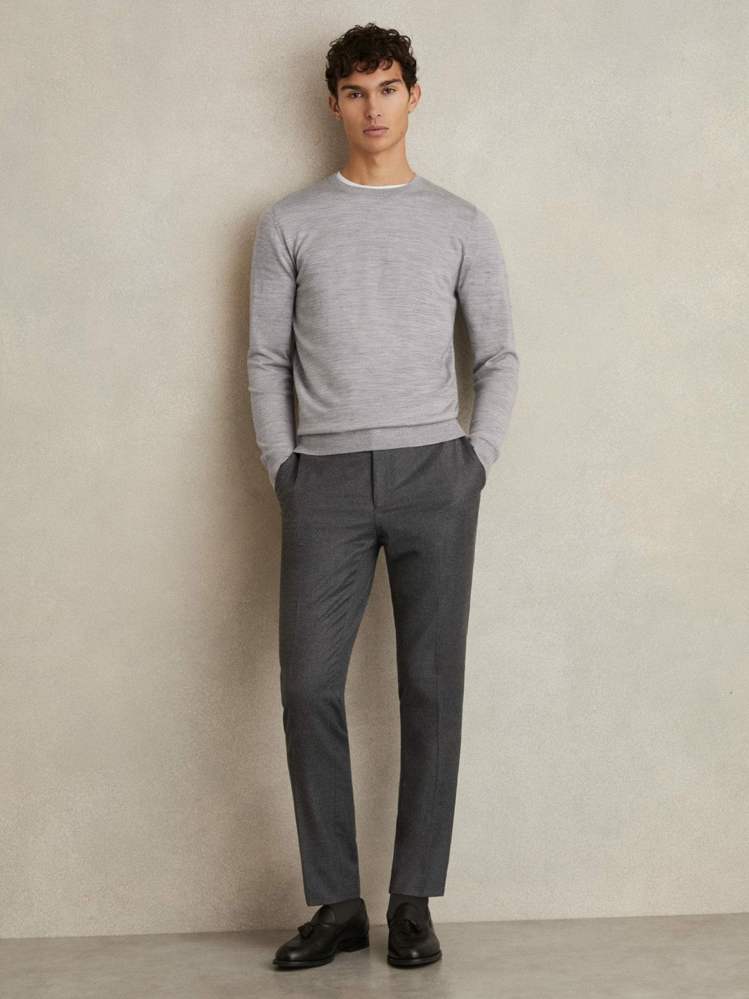 Reiss Merino Wool Crew Neck Jumper in Soft Grey Mouline