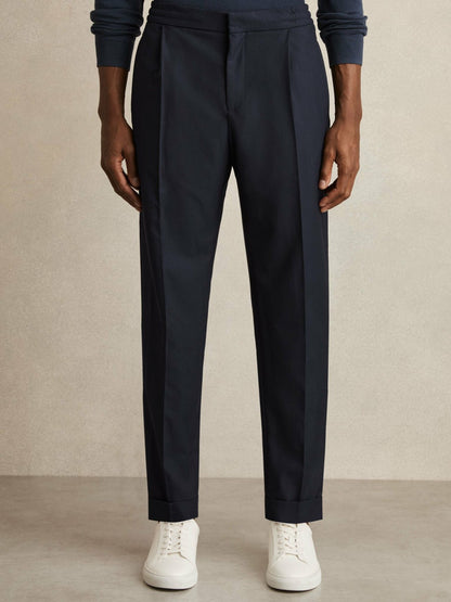 Reiss Relaxed-Fit Pleated Tapered Trousers in Navy