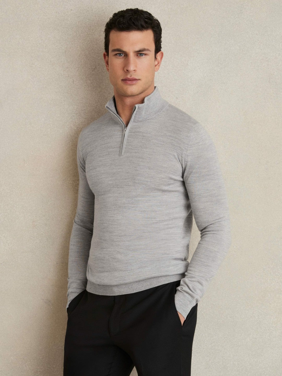 Reiss Merino Wool Half-Zip Jumper in Soft Grey Mouline