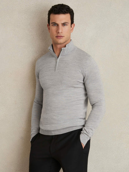 Reiss Merino Wool Half-Zip Jumper in Soft Grey Mouline