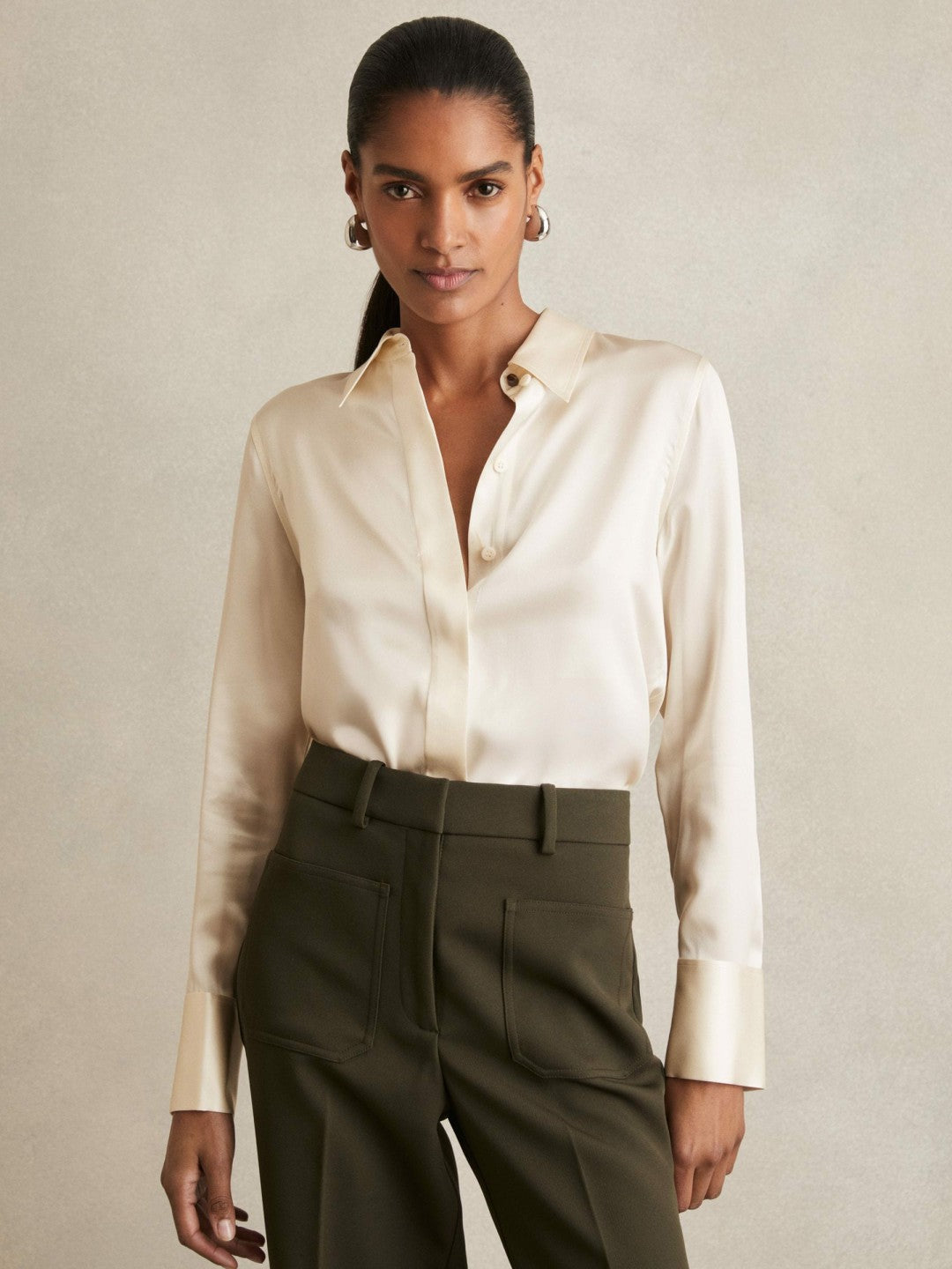 Reiss Silk-Satin Concealed-Placket Shirt in Ivory