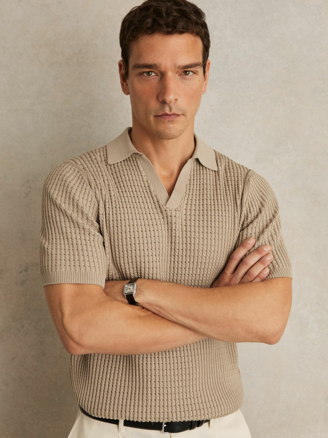 Reiss Micro-Cable Open-Collar Cotton-Blend Shirt in Light Camel Brown