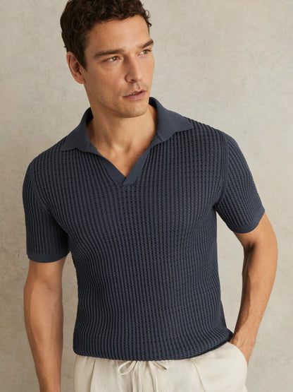 Reiss Micro-Cable Open-Collar Cotton-Blend Shirt in Dark Airforce Blue