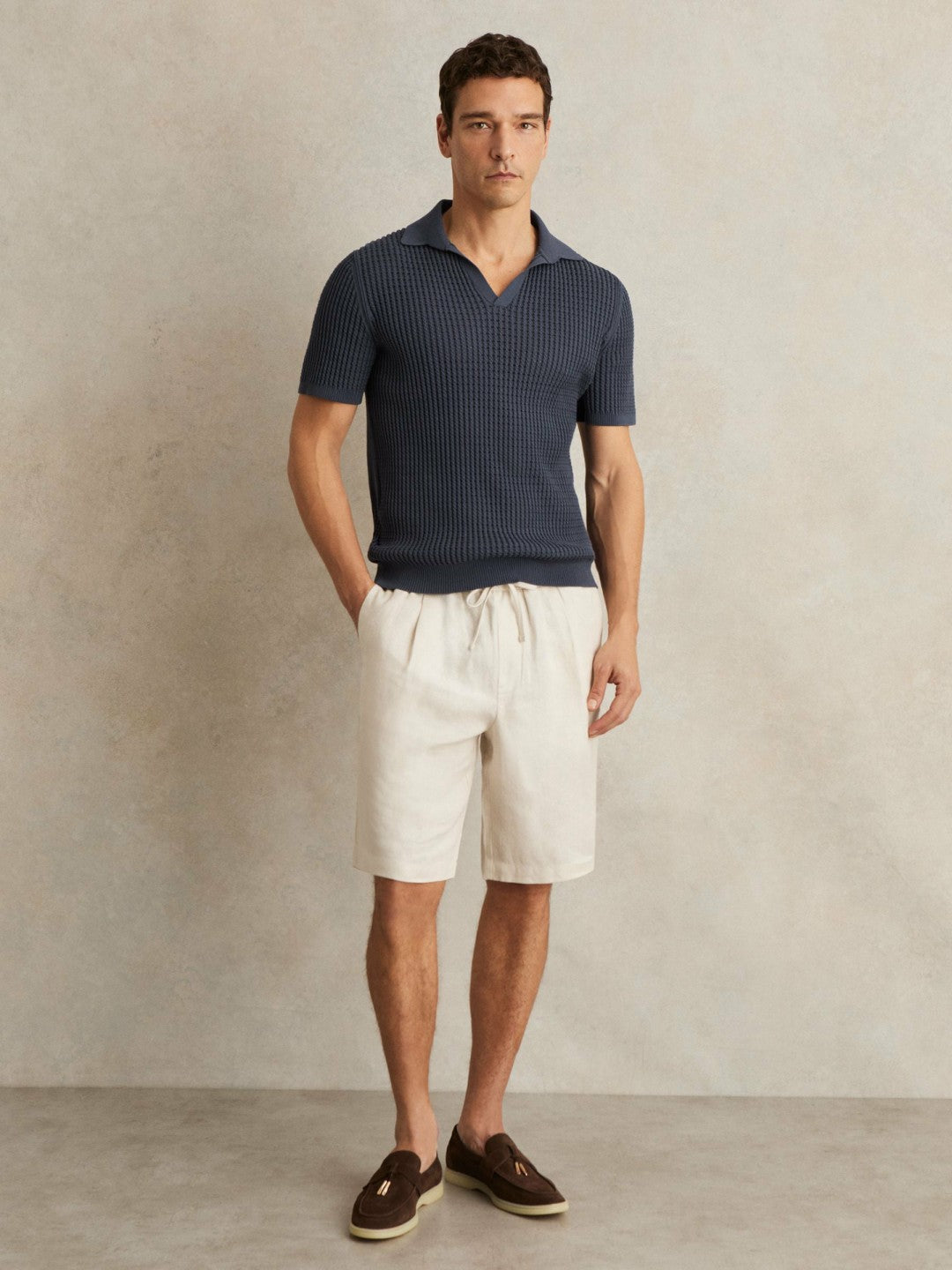 Reiss Micro-Cable Open-Collar Cotton-Blend Shirt in Dark Airforce Blue