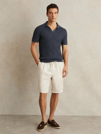 Reiss Micro-Cable Open-Collar Cotton-Blend Shirt in Dark Airforce Blue