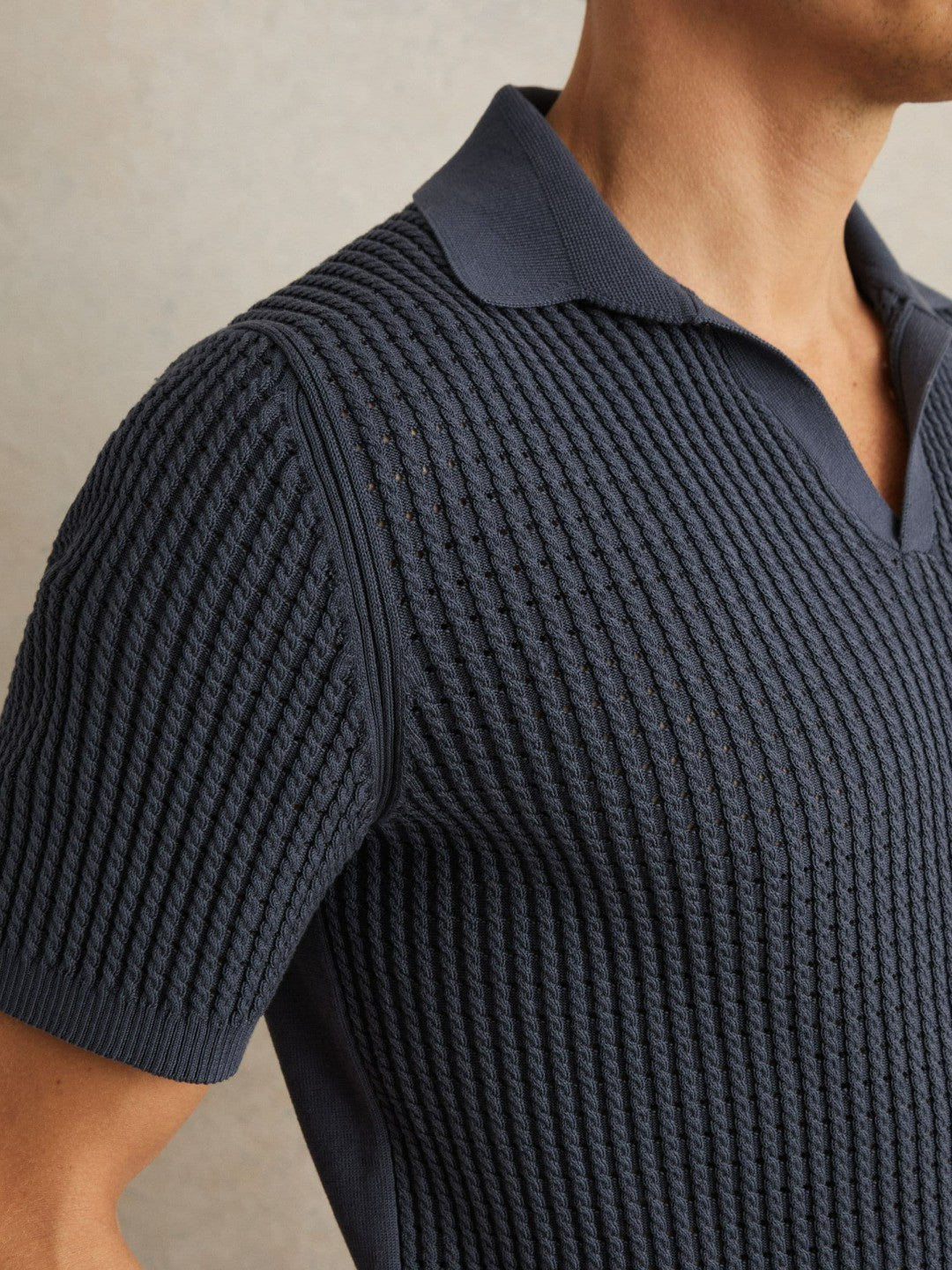 Reiss Micro-Cable Open-Collar Cotton-Blend Shirt in Dark Airforce Blue