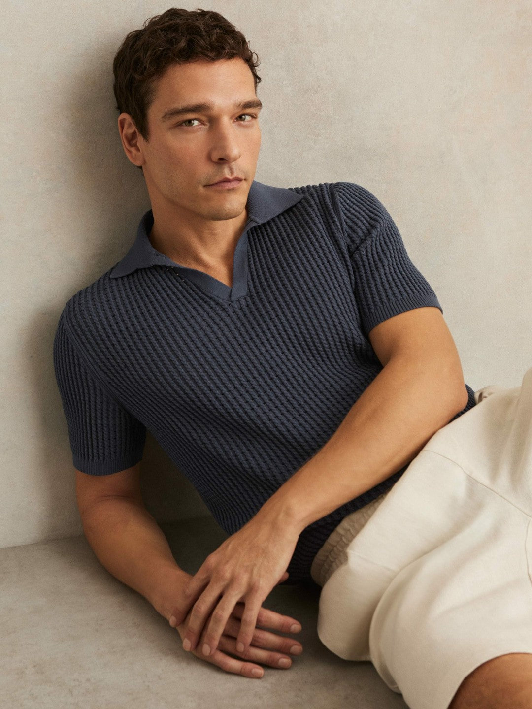 Reiss Micro-Cable Open-Collar Cotton-Blend Shirt in Dark Airforce Blue