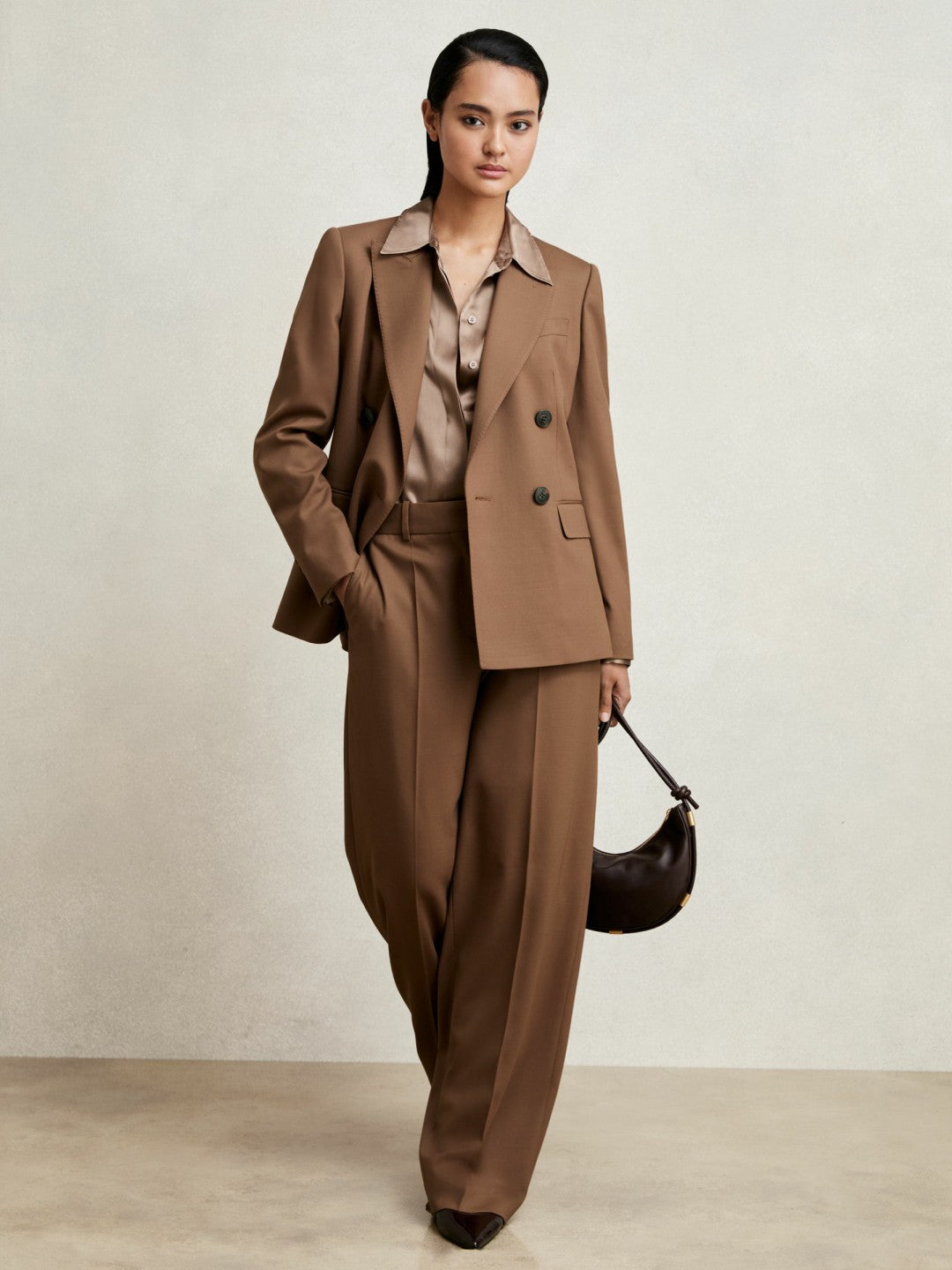 Reiss Petite Wool-Blend Wide-Leg Suit Trousers in Tan