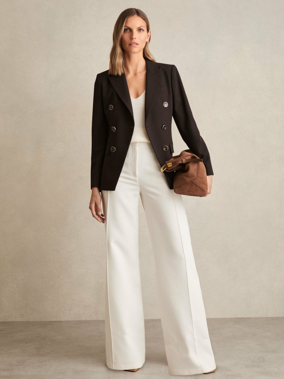 Reiss Petite Wool-Blend Double-Breasted Blazer in Chocolate Brown