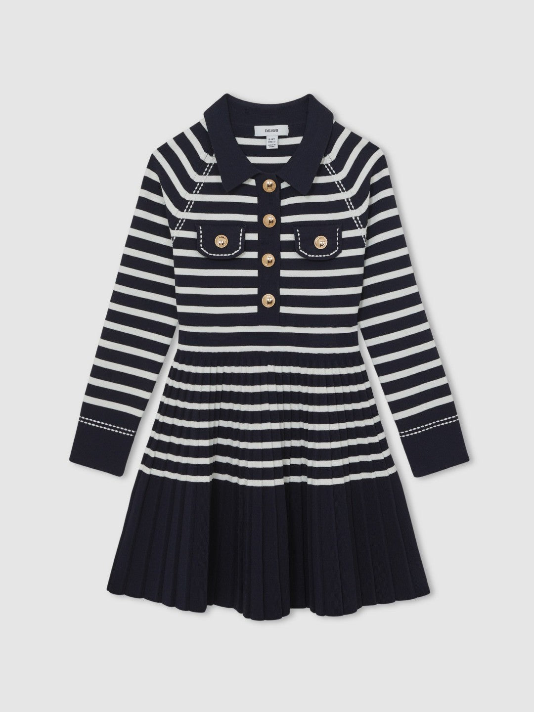 Reiss 9-13 yrs Button-Detail Stripe Knitted Dress in Navy/White