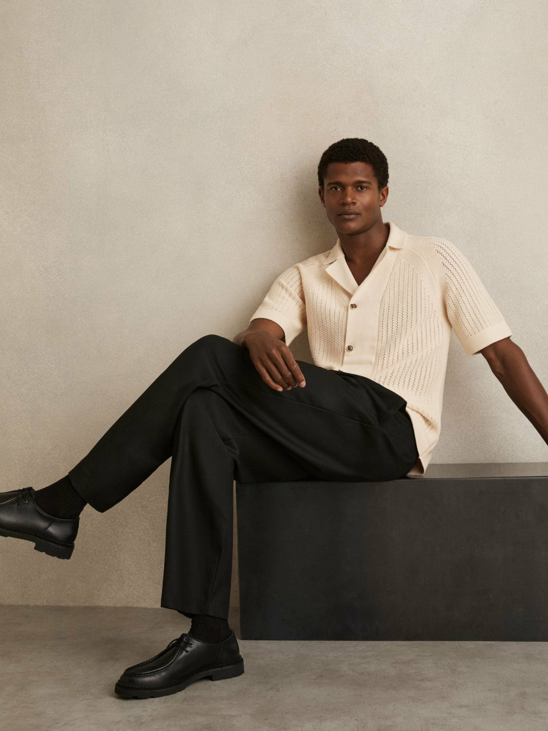Reiss Cotton Textured-Knit Cuban-Collar Shirt in Light Stone