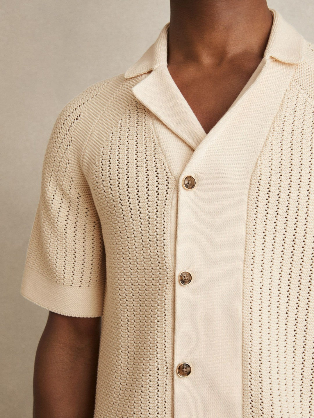 Reiss Cotton Textured-Knit Cuban-Collar Shirt in Light Stone