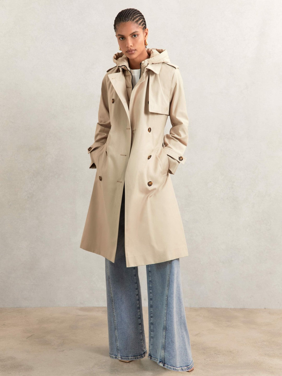 Reiss Petite Hooded Insert Trench Coat in Stone
