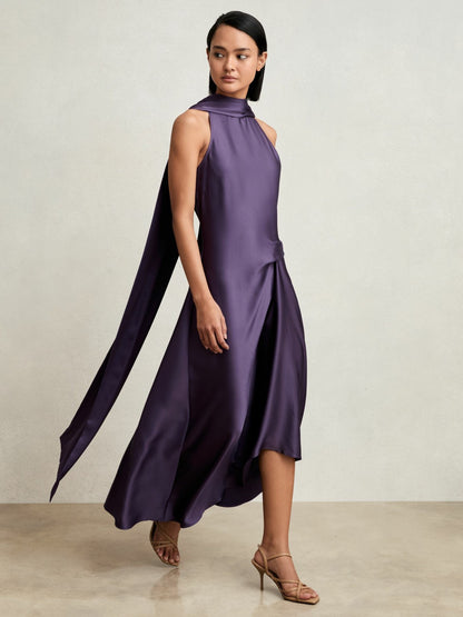 Reiss Satin Tuck-Detail Cape Midi Dress in Purple