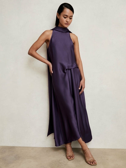 Reiss Satin Tuck-Detail Cape Midi Dress in Purple