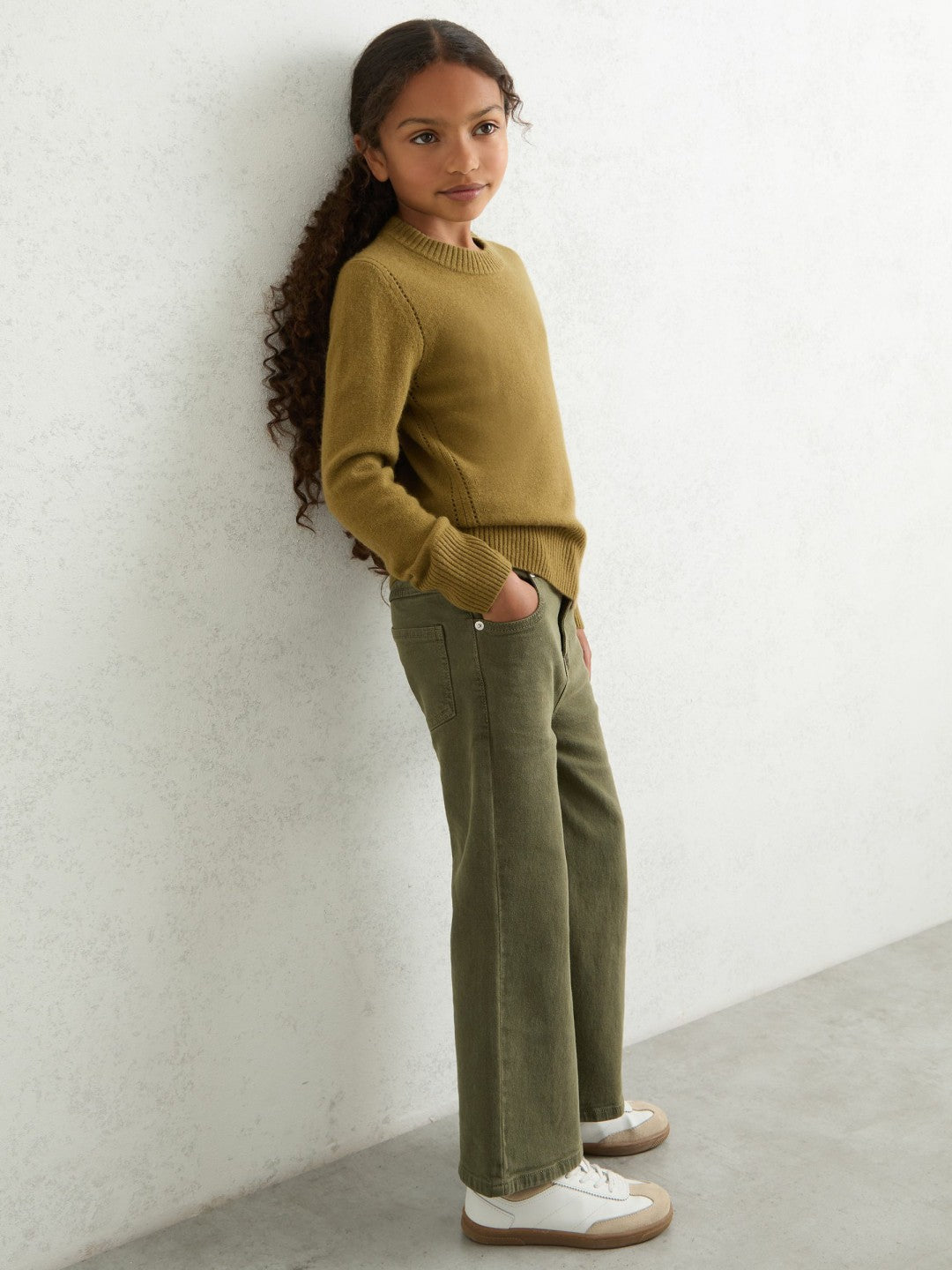 Reiss 9-13 yrs Wool-Blend Open-Stitch Jumper with Cashmere in Khaki Green
