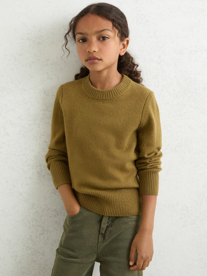 Reiss 9-13 yrs Wool-Blend Open-Stitch Jumper with Cashmere in Khaki Green