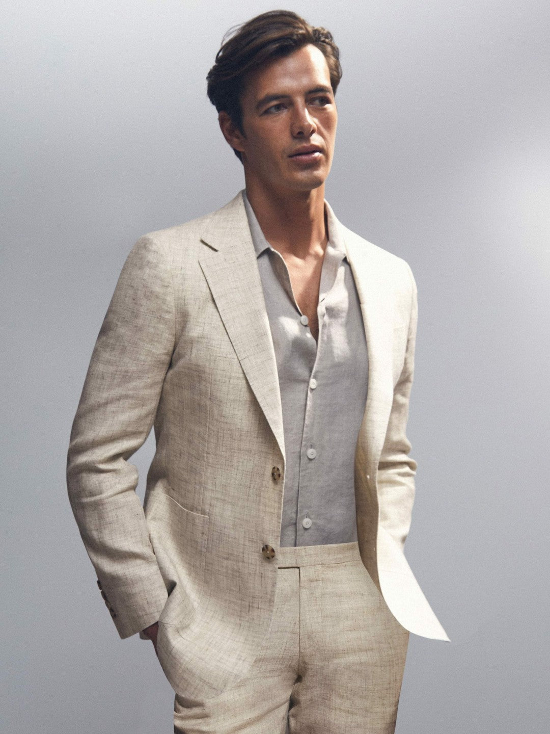 Reiss Linen-Cotton Single-Breasted Suit Blazer Slim-Fit in Stone