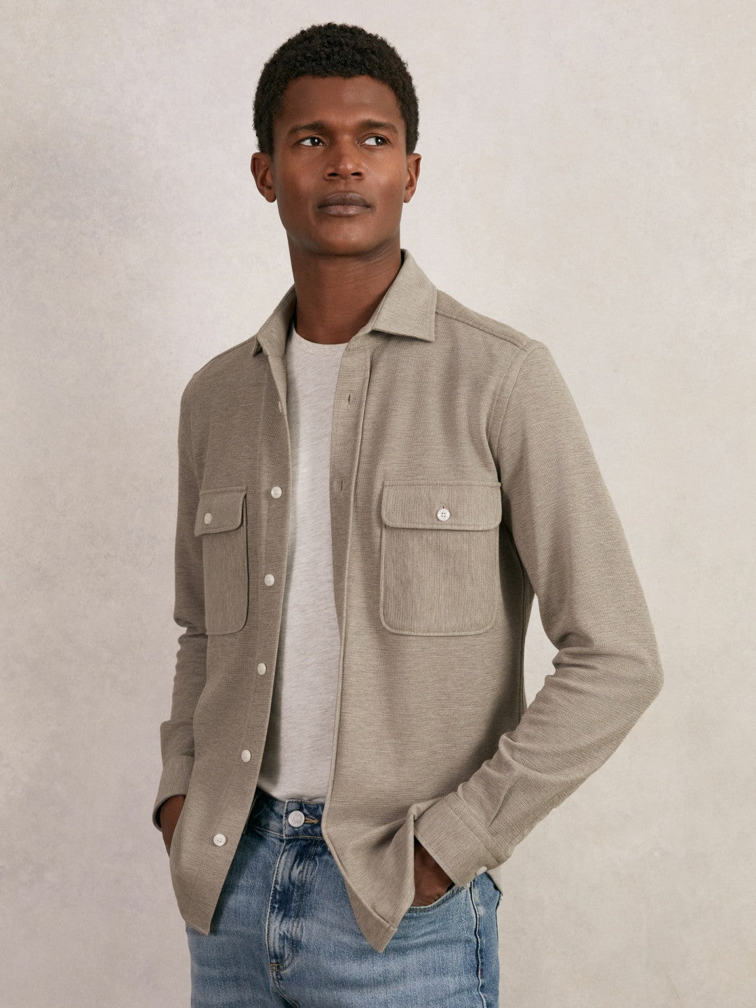 Reiss Textured Twin Pocket Cotton Blend Overshirt in Oatmeal Brown Melange