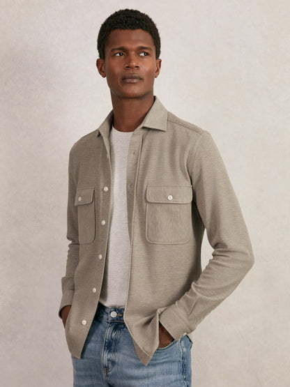 Reiss Textured Twin Pocket Cotton Blend Overshirt in Oatmeal Brown Melange