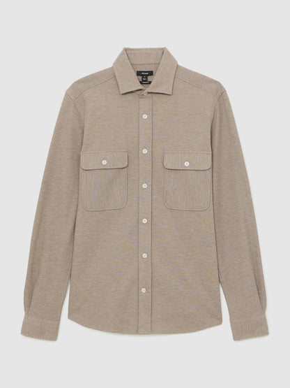 Reiss Textured Twin Pocket Cotton Blend Overshirt in Oatmeal Brown Melange