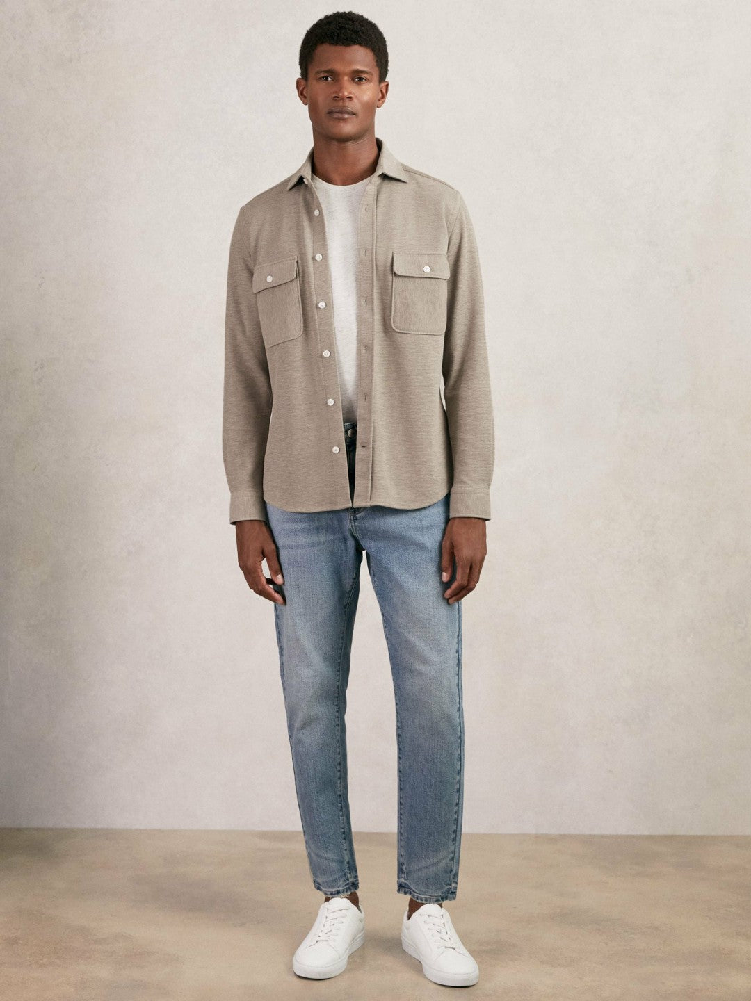Reiss Textured Twin Pocket Cotton Blend Overshirt in Oatmeal Brown Melange