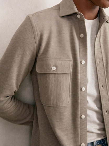 Reiss Textured Twin Pocket Cotton Blend Overshirt in Oatmeal Brown Melange