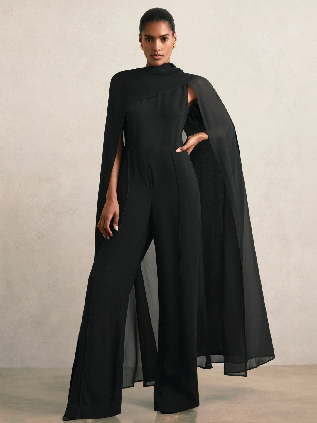 Reiss Wide-Leg Cape Jumpsuit in Black