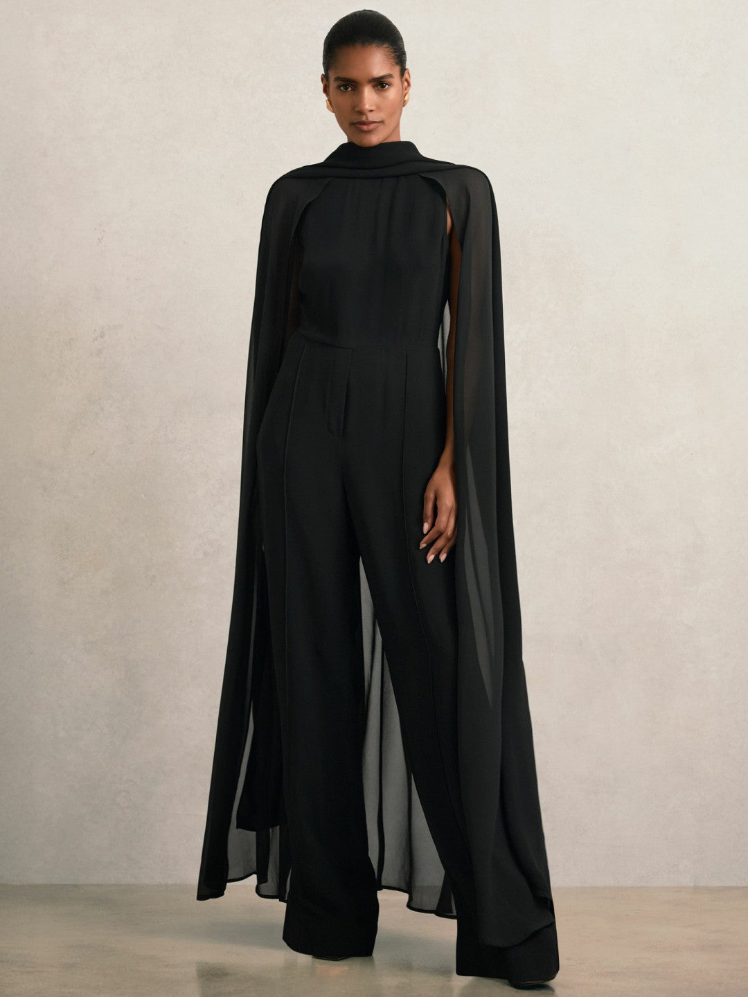 Reiss Wide-Leg Cape Jumpsuit in Black