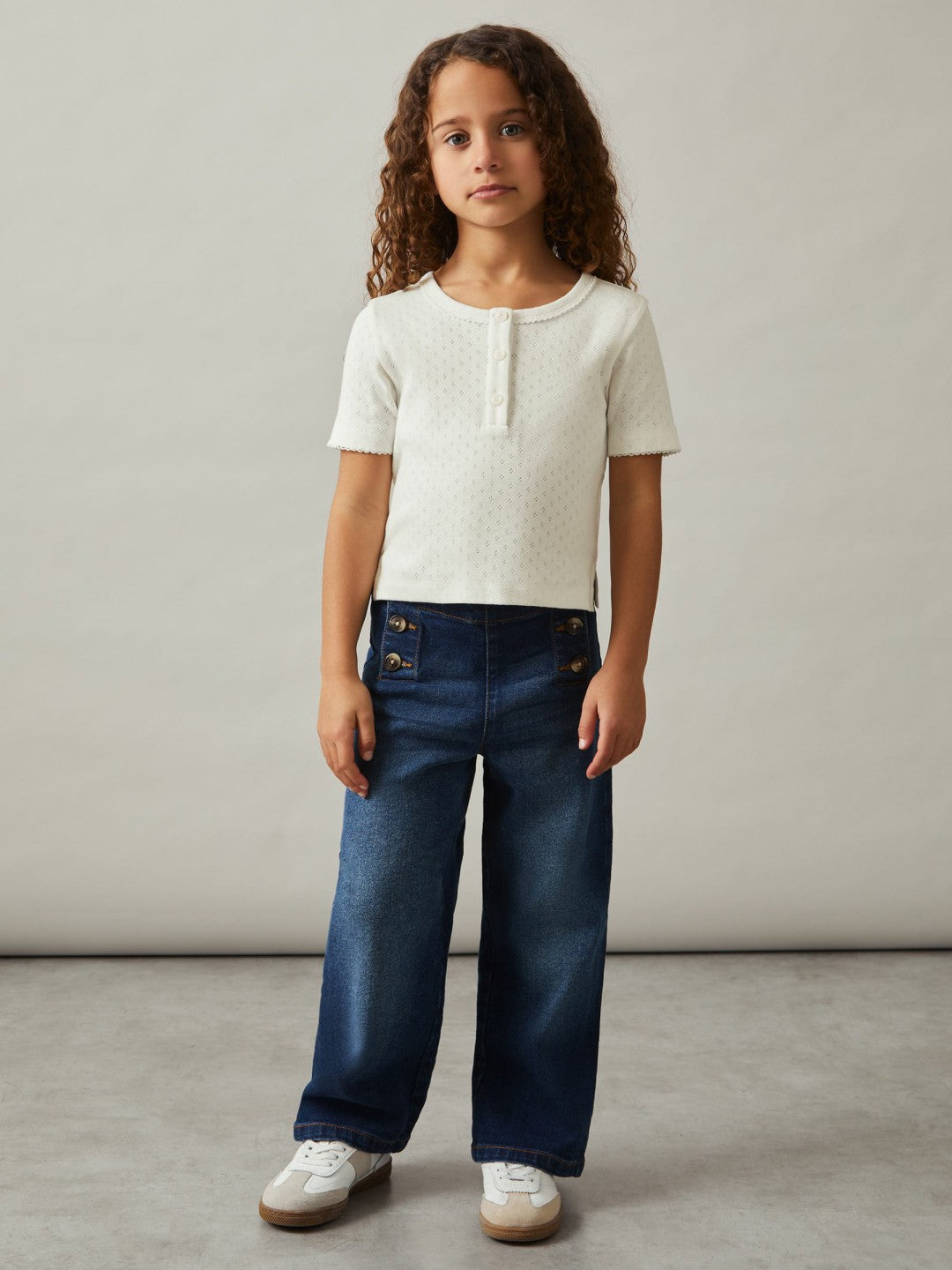 Reiss 9-13 yrs Cotton Pointelle Button T-Shirt in Ivory