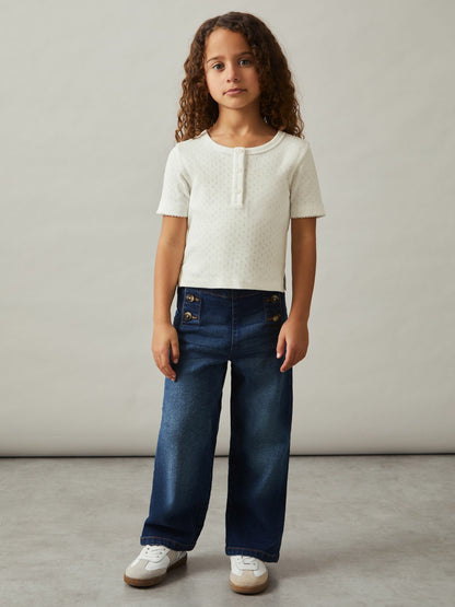 Reiss 9-13 yrs Cotton Pointelle Button T-Shirt in Ivory