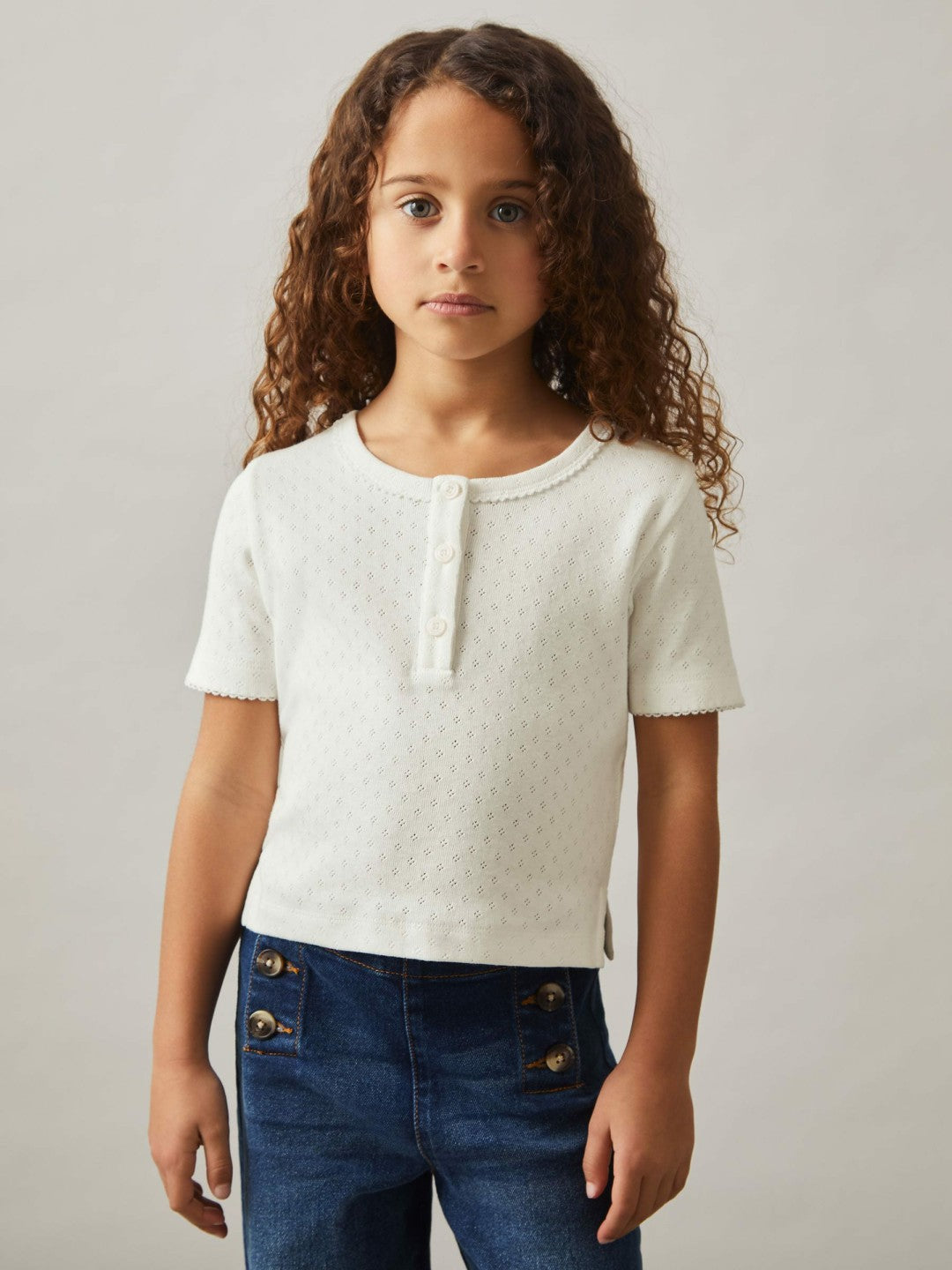 Reiss 9-13 yrs Cotton Pointelle Button T-Shirt in Ivory