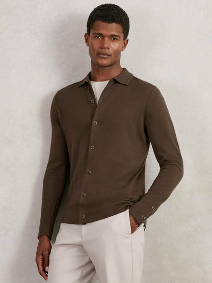 Reiss Merino Wool Button-Through Cardigan in Chocolate Brown