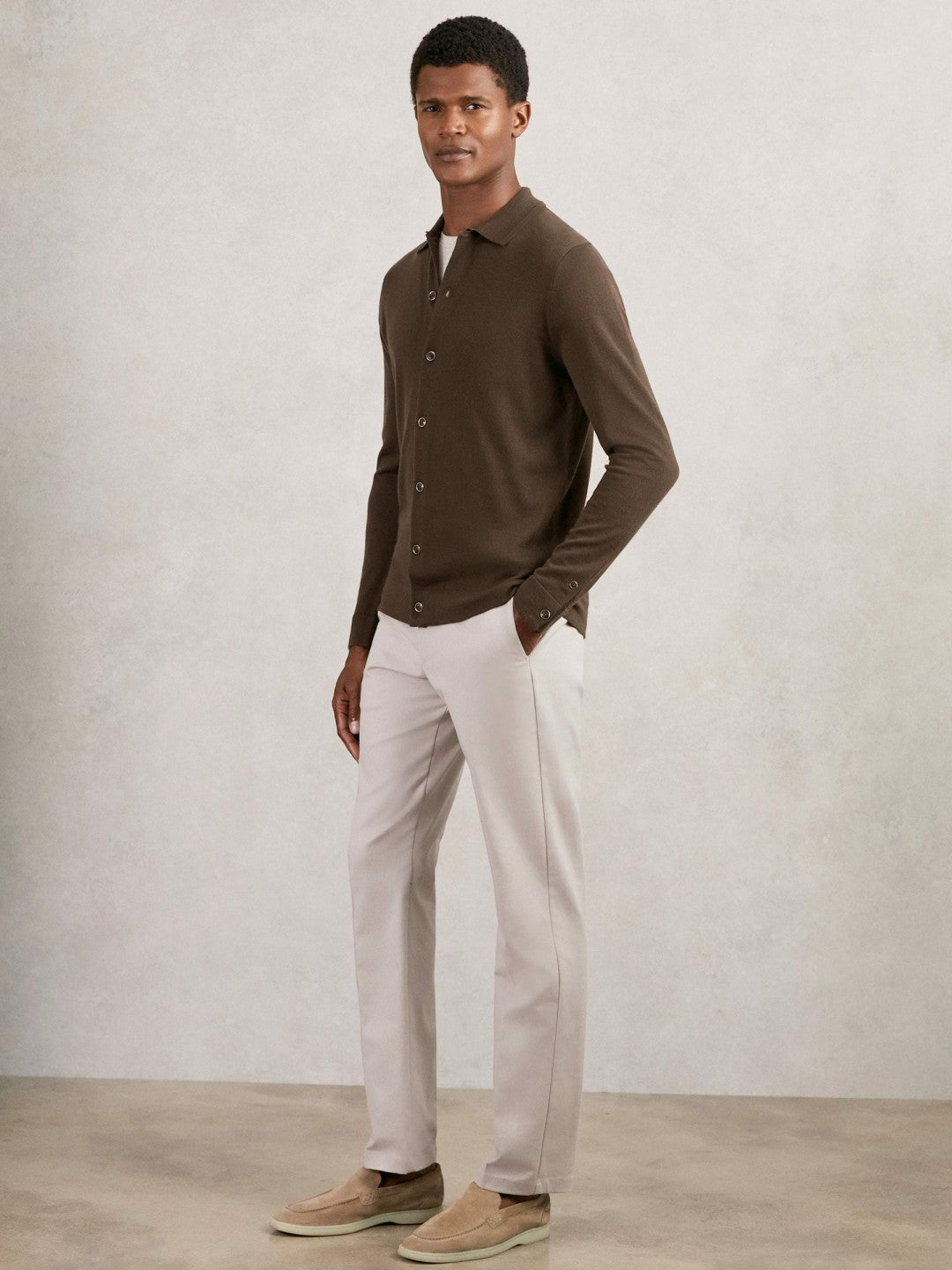Reiss Merino Wool Button-Through Cardigan in Chocolate Brown