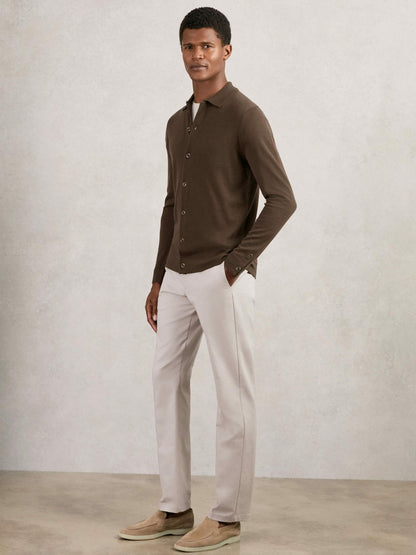 Reiss Merino Wool Button-Through Cardigan in Chocolate Brown