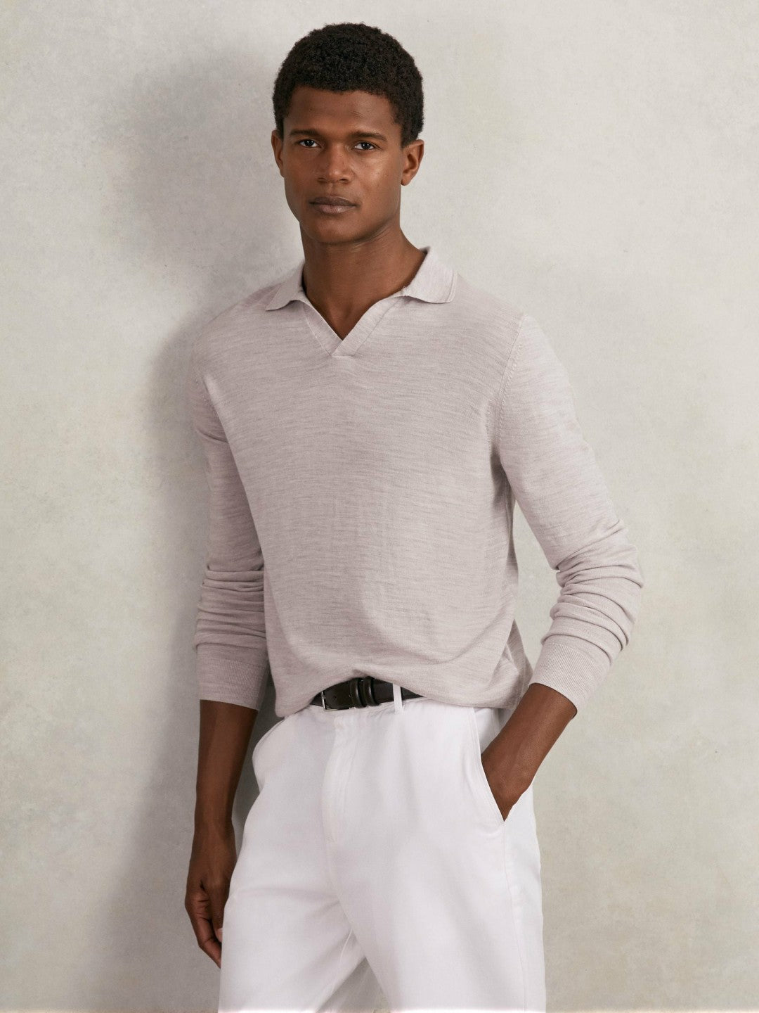 Reiss Merino Wool Open-Collar Polo Shirt in Wicker Brown Melange