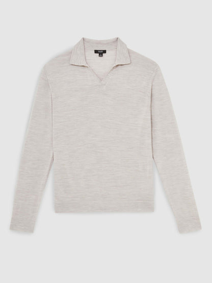 Reiss Merino Wool Open-Collar Polo Shirt in Wicker Brown Melange