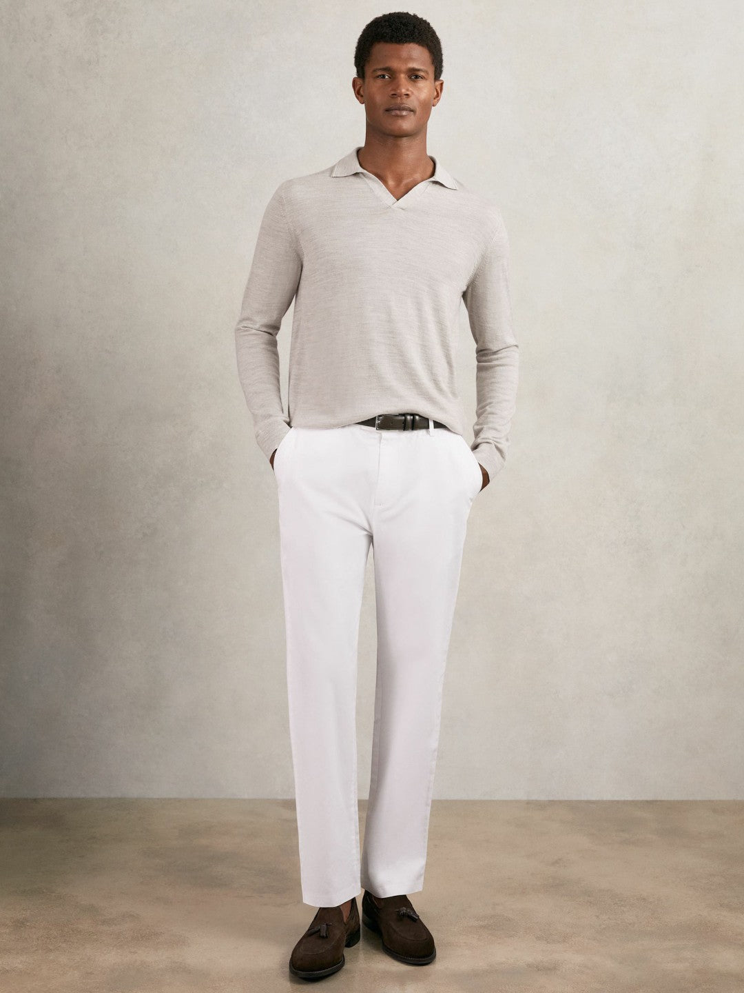 Reiss Merino Wool Open-Collar Polo Shirt in Wicker Brown Melange