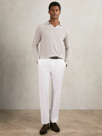 Reiss Merino Wool Open-Collar Polo Shirt in Wicker Brown Melange