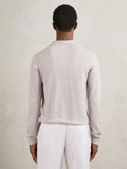 Reiss Merino Wool Open-Collar Polo Shirt in Wicker Brown Melange