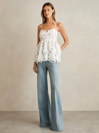 Reiss Cotton Cut Out Lace Cami Top in Ivory