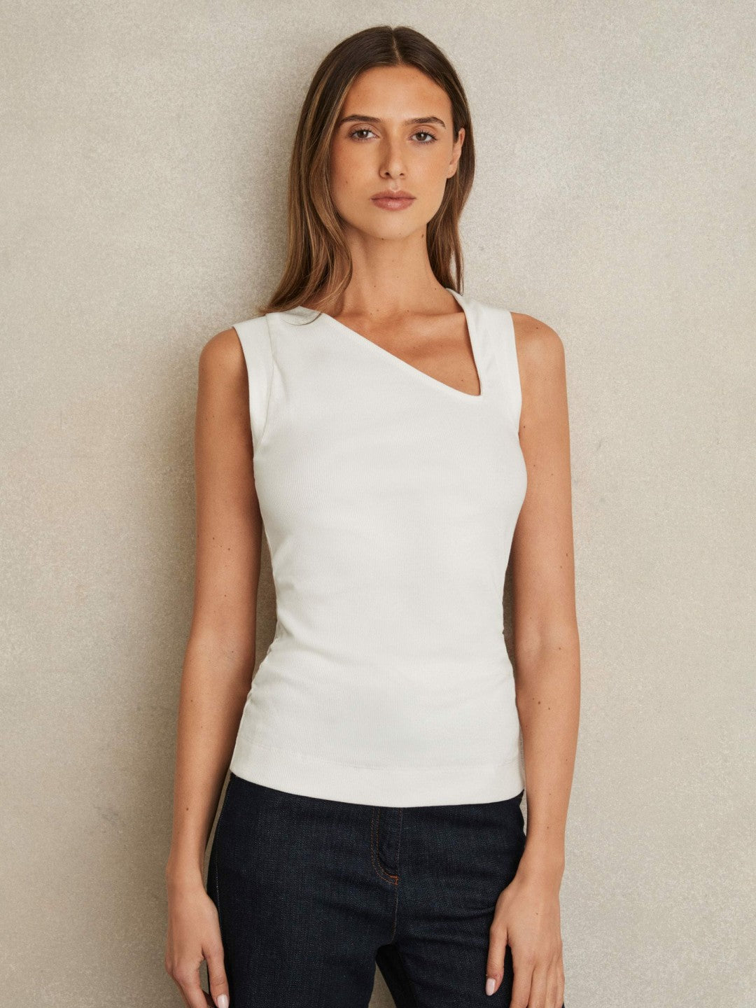 Reiss Stretch-Cotton Ribbed Asymmetric Vest in White