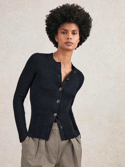 Reiss Button Front Knit Cardigan in Navy