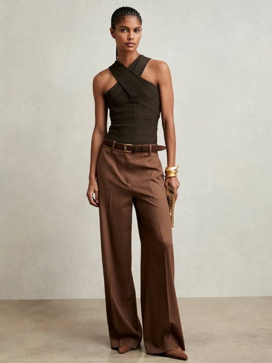 Reiss Cross Neck Textured Top in Chocolate