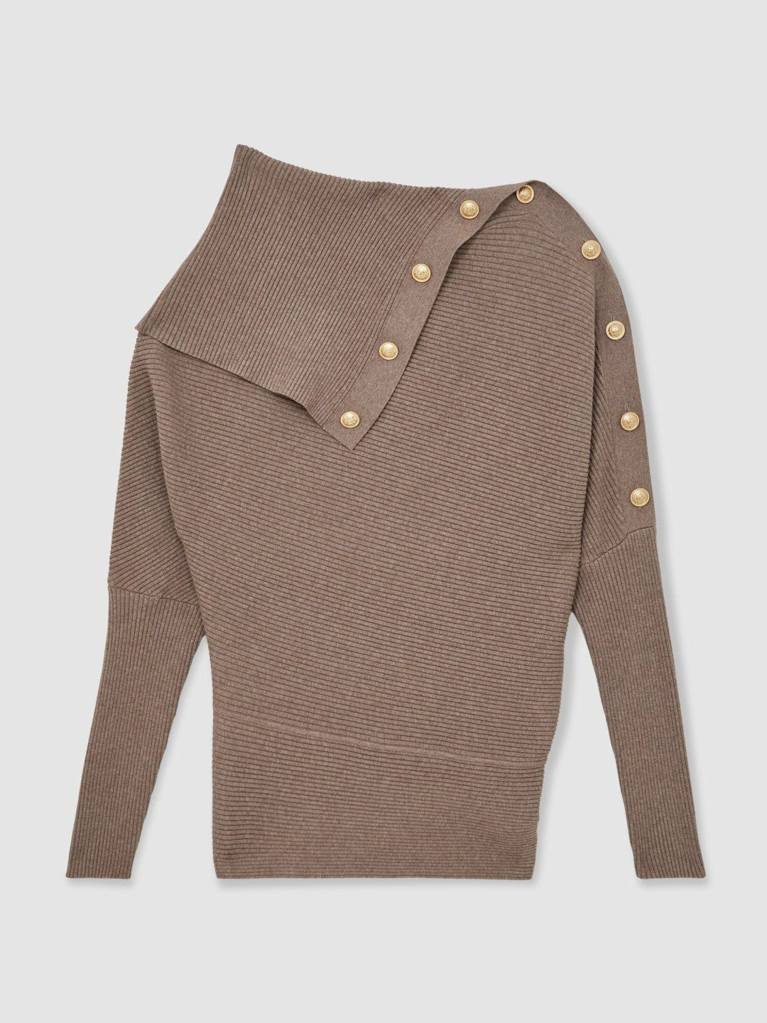 Reiss Rib-Knit Button Shawl Jumper in Taupe