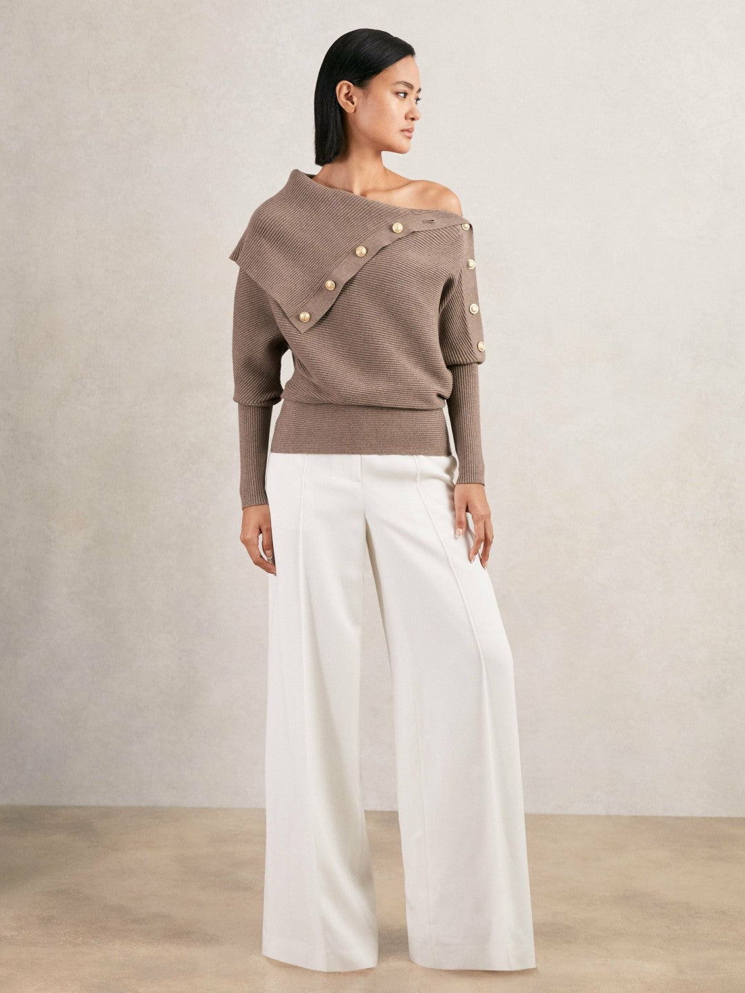 Reiss Rib-Knit Button Shawl Jumper in Taupe