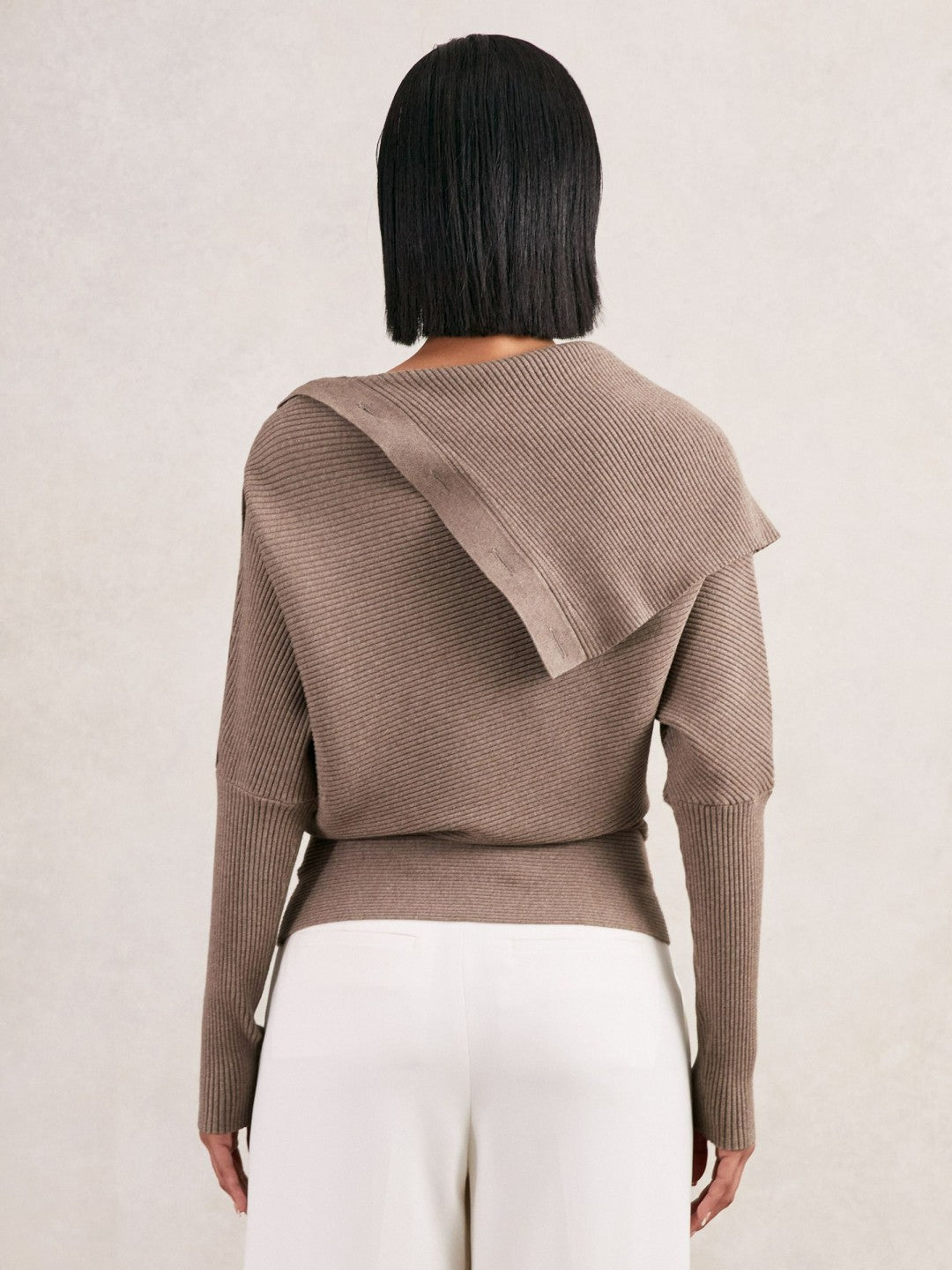 Reiss Rib-Knit Button Shawl Jumper in Taupe