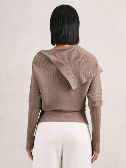 Reiss Rib-Knit Button Shawl Jumper in Taupe