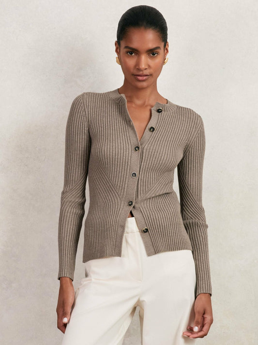Reiss Button Front Knit Cardigan in Stone