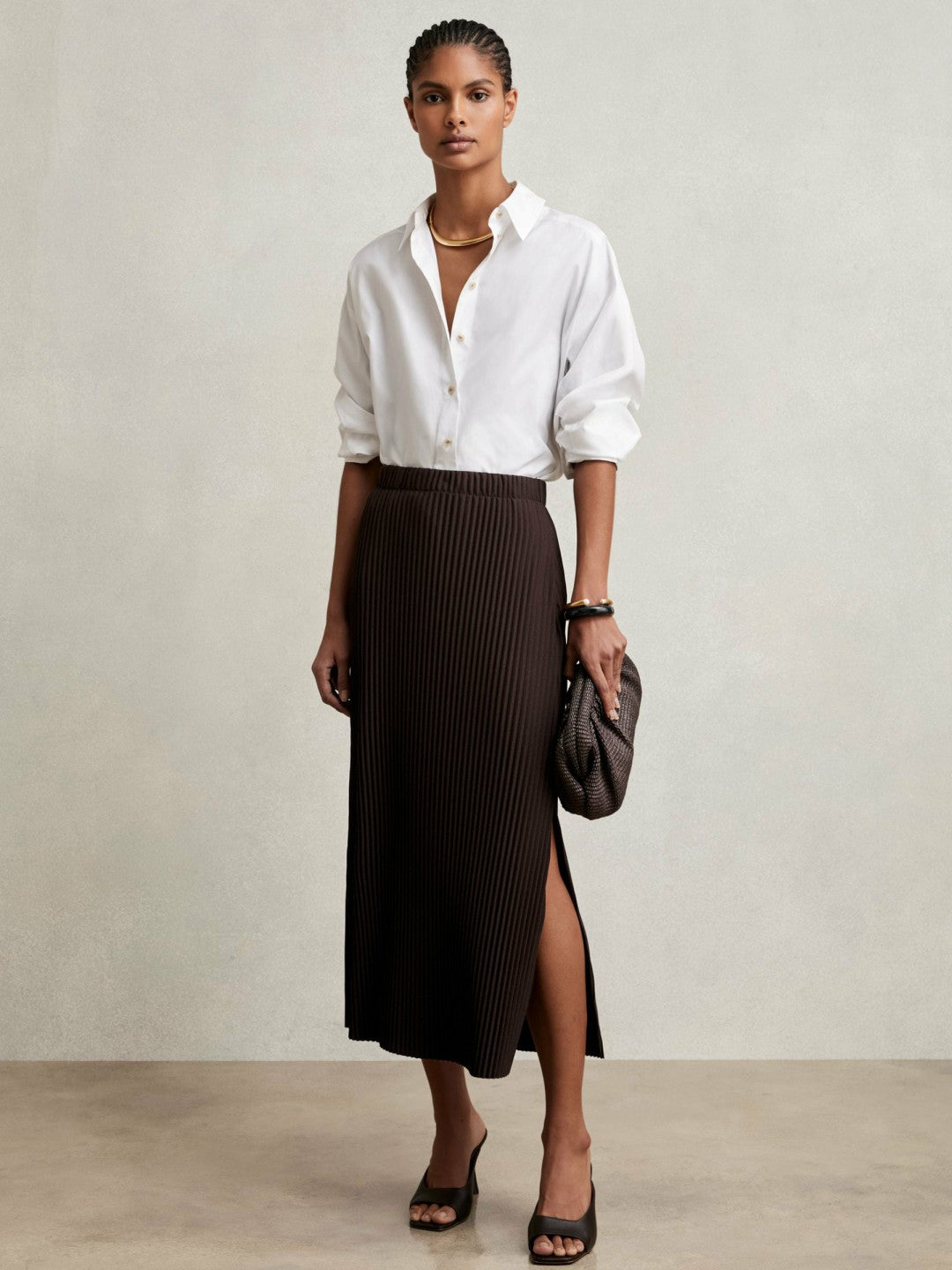 Reiss Pleated Jersey Midi Skirt in Burgundy